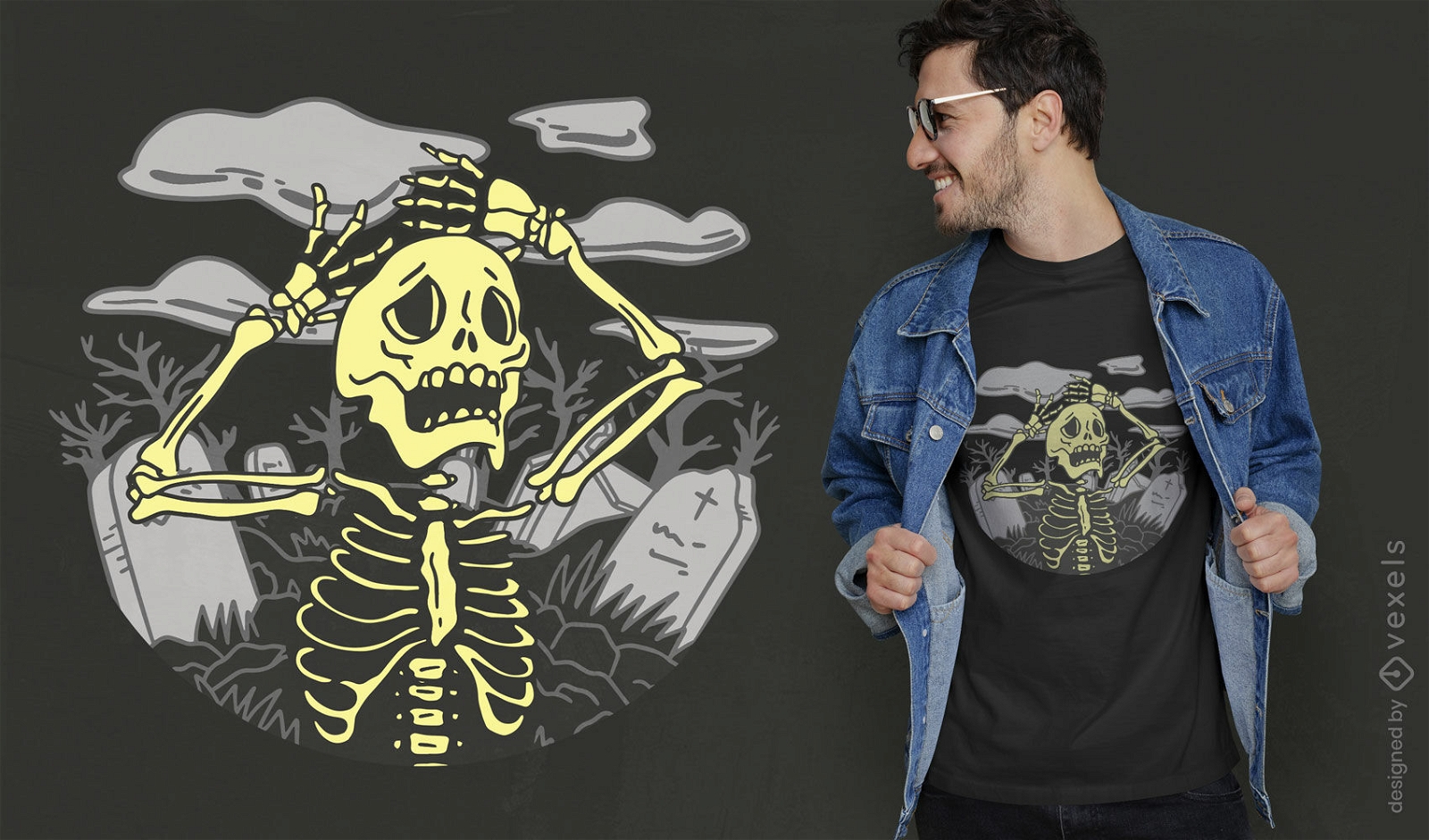 Diseño de camiseta de esqueleto de cementerio.