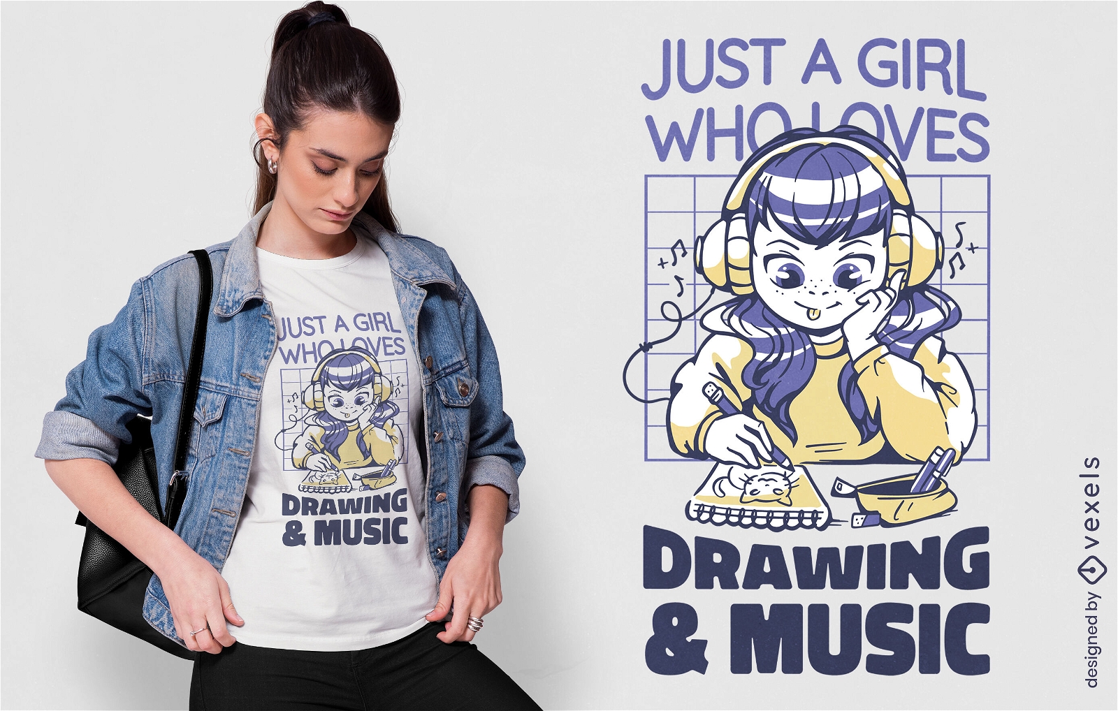 Chica dibujando con diseño de camiseta de música.