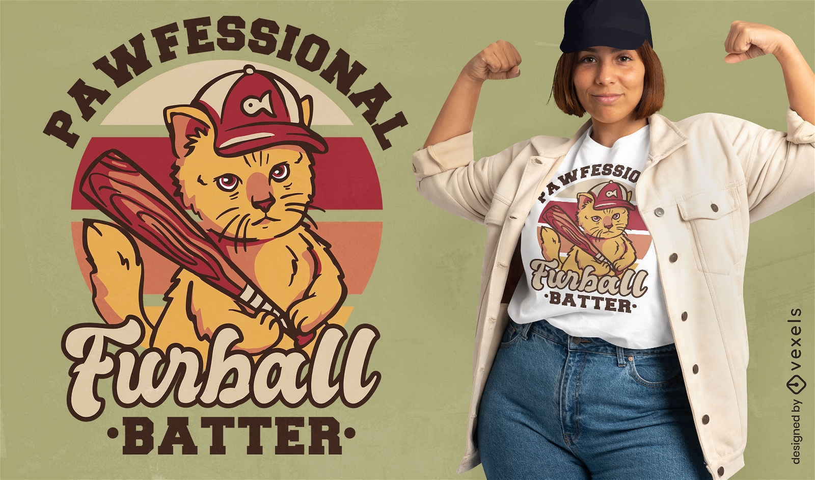 Katzentier, das Baseball-T-Shirt-Design spielt