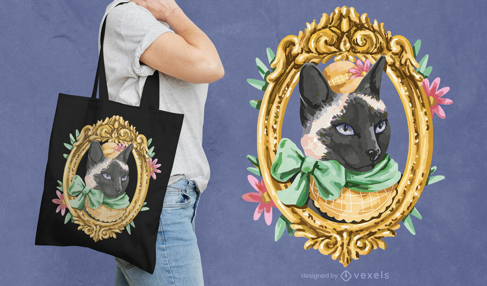 Diseño de bolso tote de gato con marco vintage