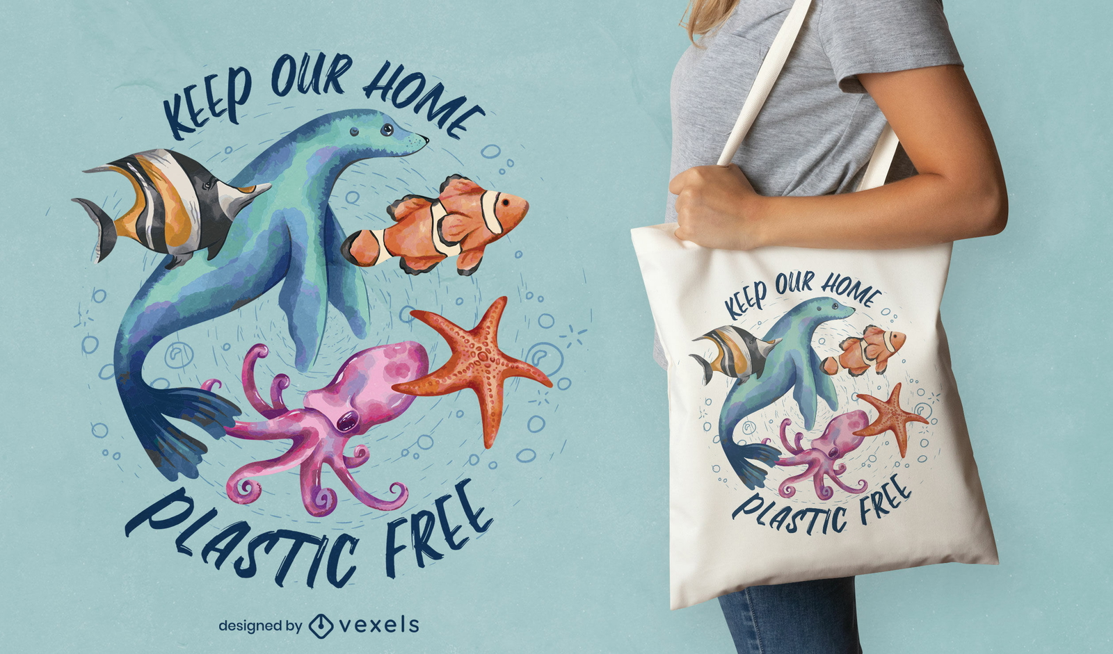 Diseño de bolsa de asas de animales marinos sin plástico.