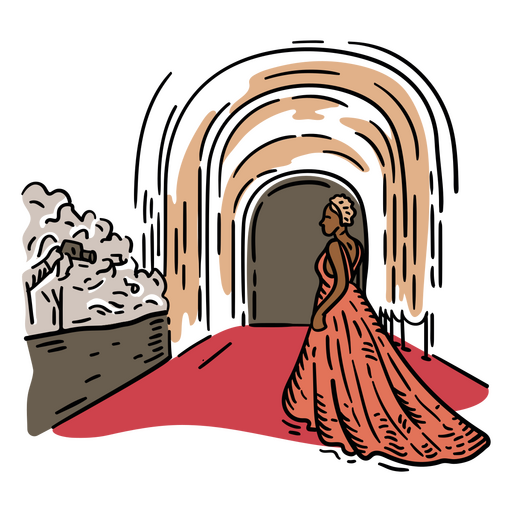 Drawing of a woman in a dress walking through a doorway PNG Design