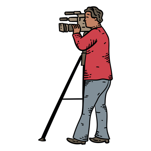 Man holding a video camera on a tripod PNG Design