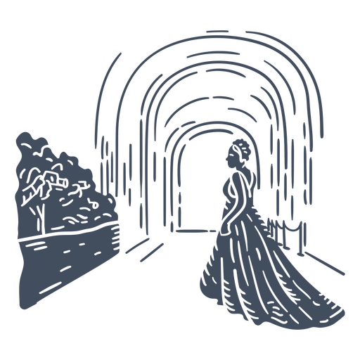 Black and white drawing of a woman in a dress walking through a tunnel PNG Design