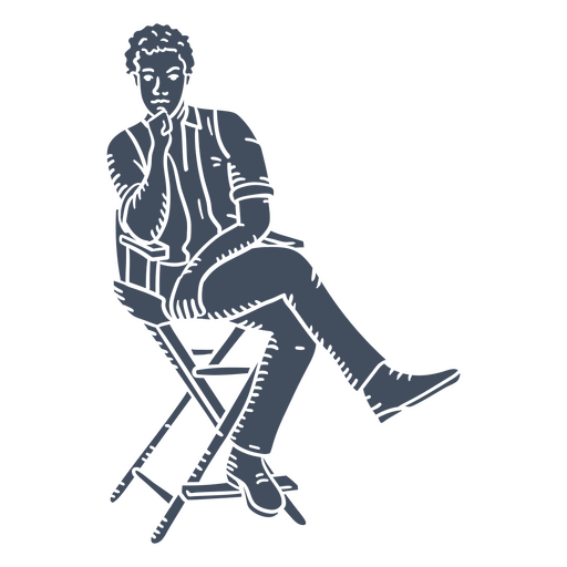 Dibujo de un director de cine sentado en una silla. Diseño PNG