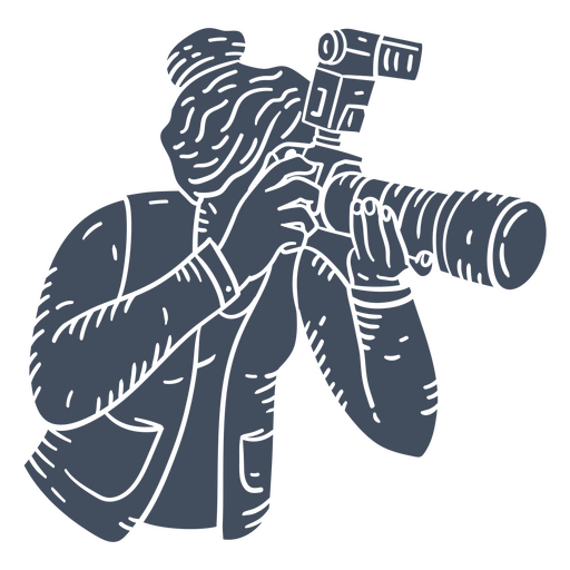 Black and white illustration of a woman holding a camera PNG Design