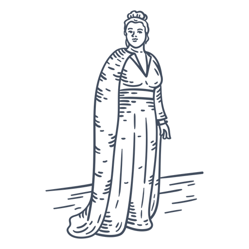 Schwarz-weiße Zeichnung einer Frau in einem langen Kleid PNG-Design