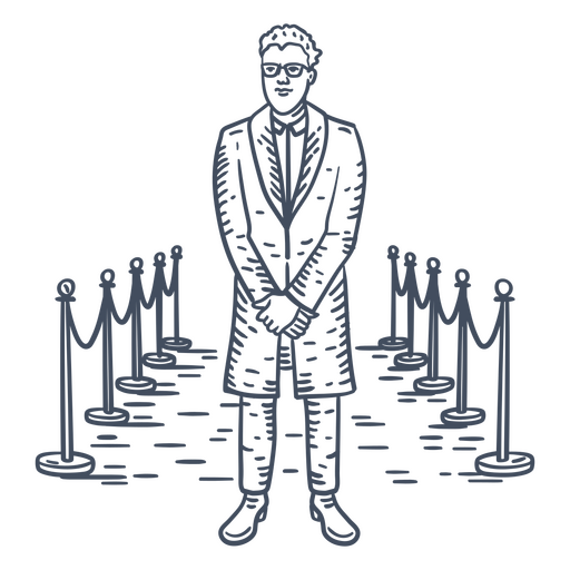 Black and white drawing of a man standing in front of a barrier PNG Design