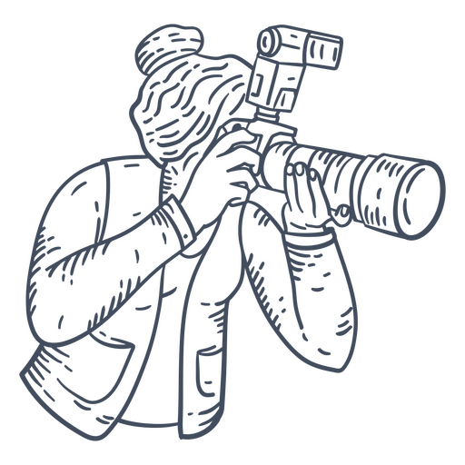 Dibujo en blanco y negro de una mujer sosteniendo una cámara Diseño PNG