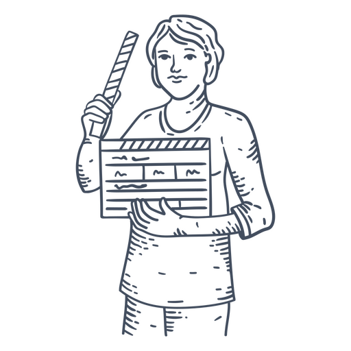 Black and white drawing of a woman holding a clapper board PNG Design