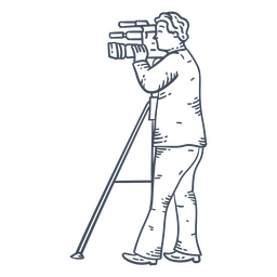 Black and white drawing of a man with a camera on a tripod PNG Design