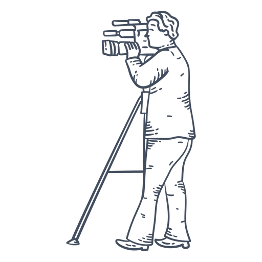 Dibujo en blanco y negro de un hombre con una cámara en un trípode Diseño PNG