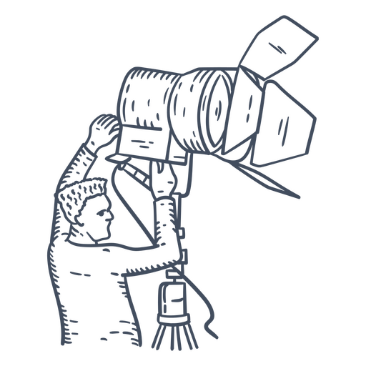 Dibujo en blanco y negro de un hombre sosteniendo una cámara Diseño PNG