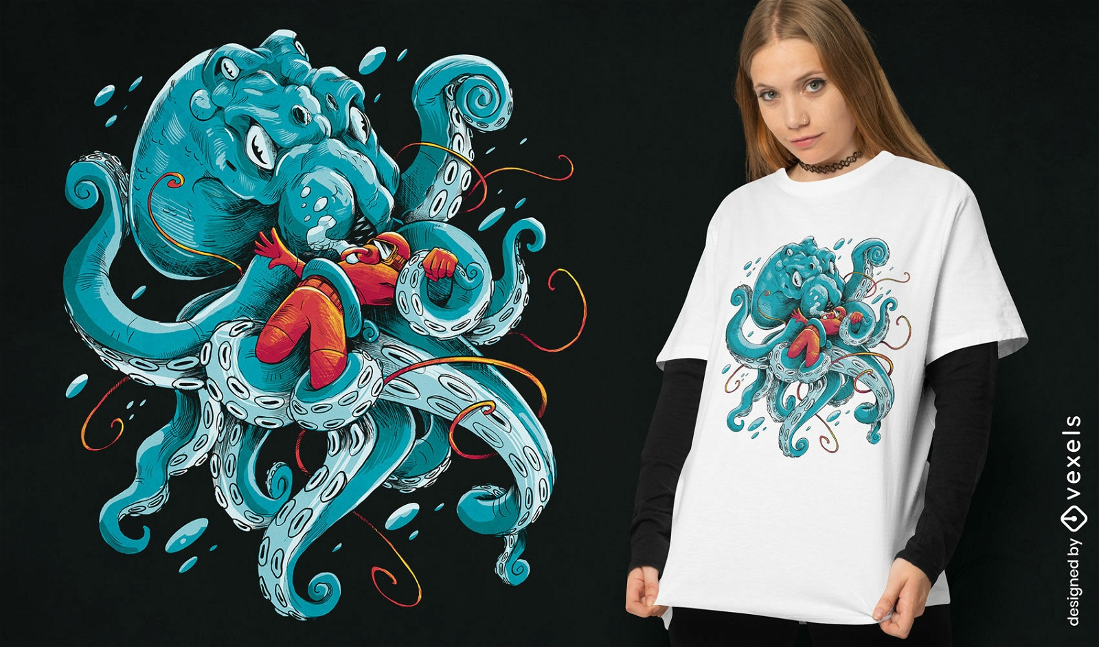Oktopus-Tier- und Taucher-T-Shirt-Design