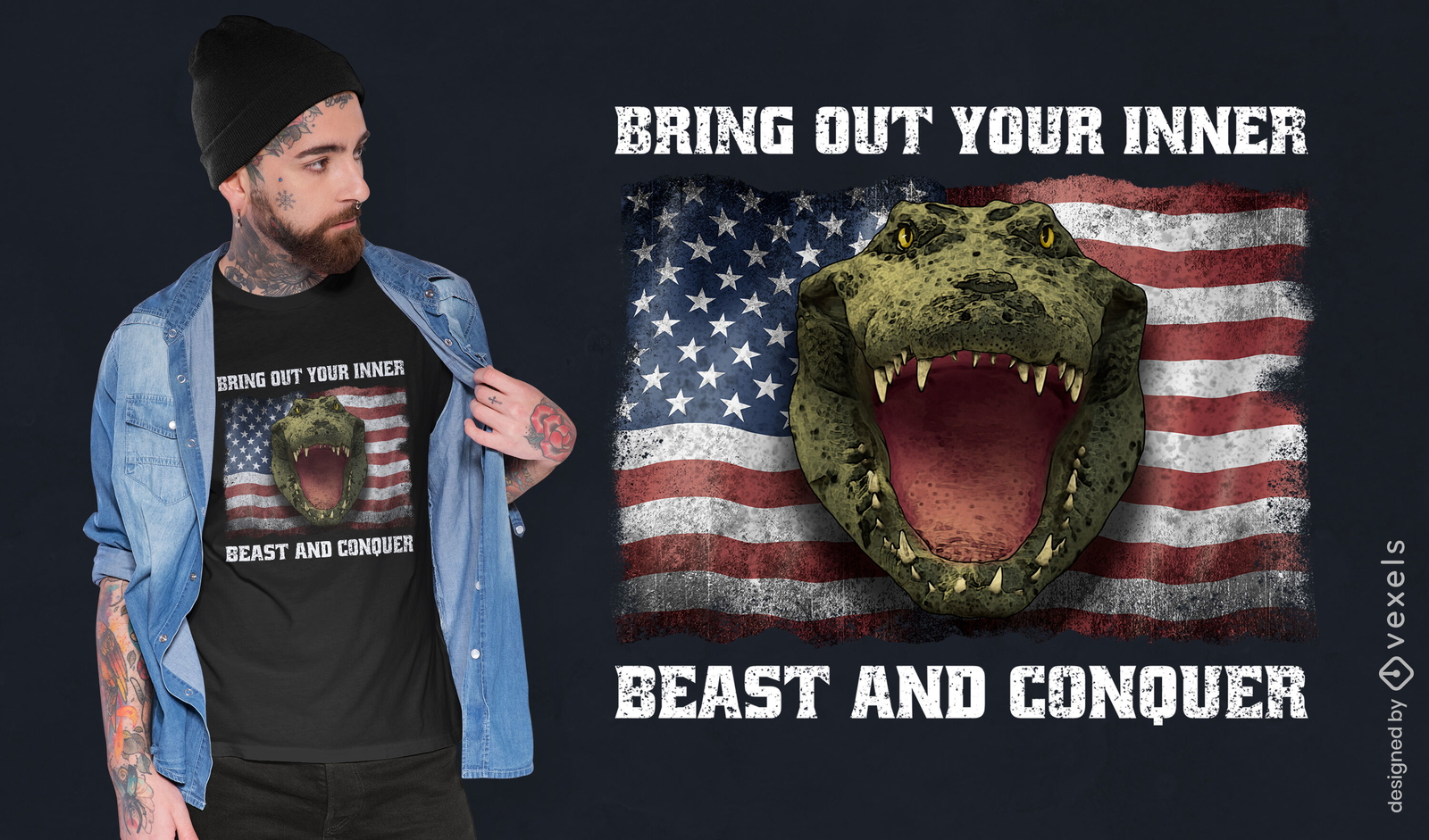 Crocodile animal american flag t-shirt psd