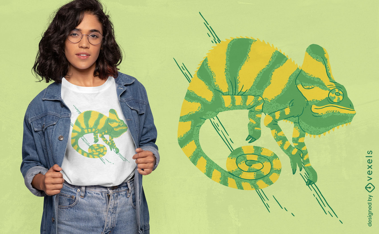 Diseño de camiseta animal camaleón verde y amarillo.