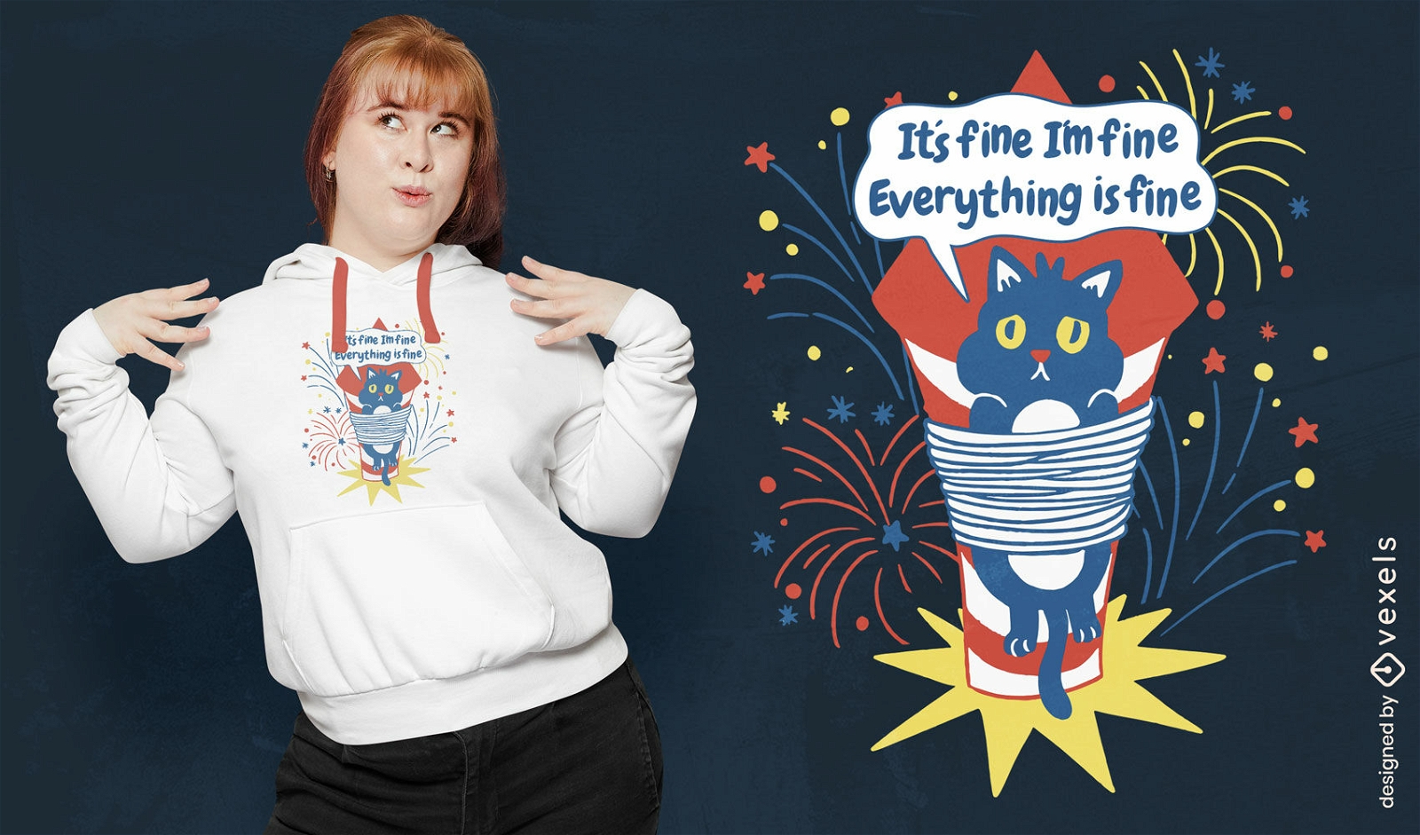 Katze mit Feuerwerksraketen-T-Shirt Design