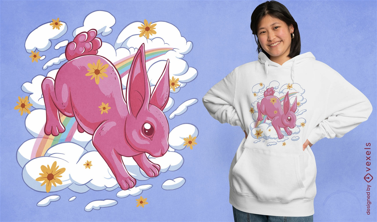 Coelho rosa em design de camiseta de nuvem