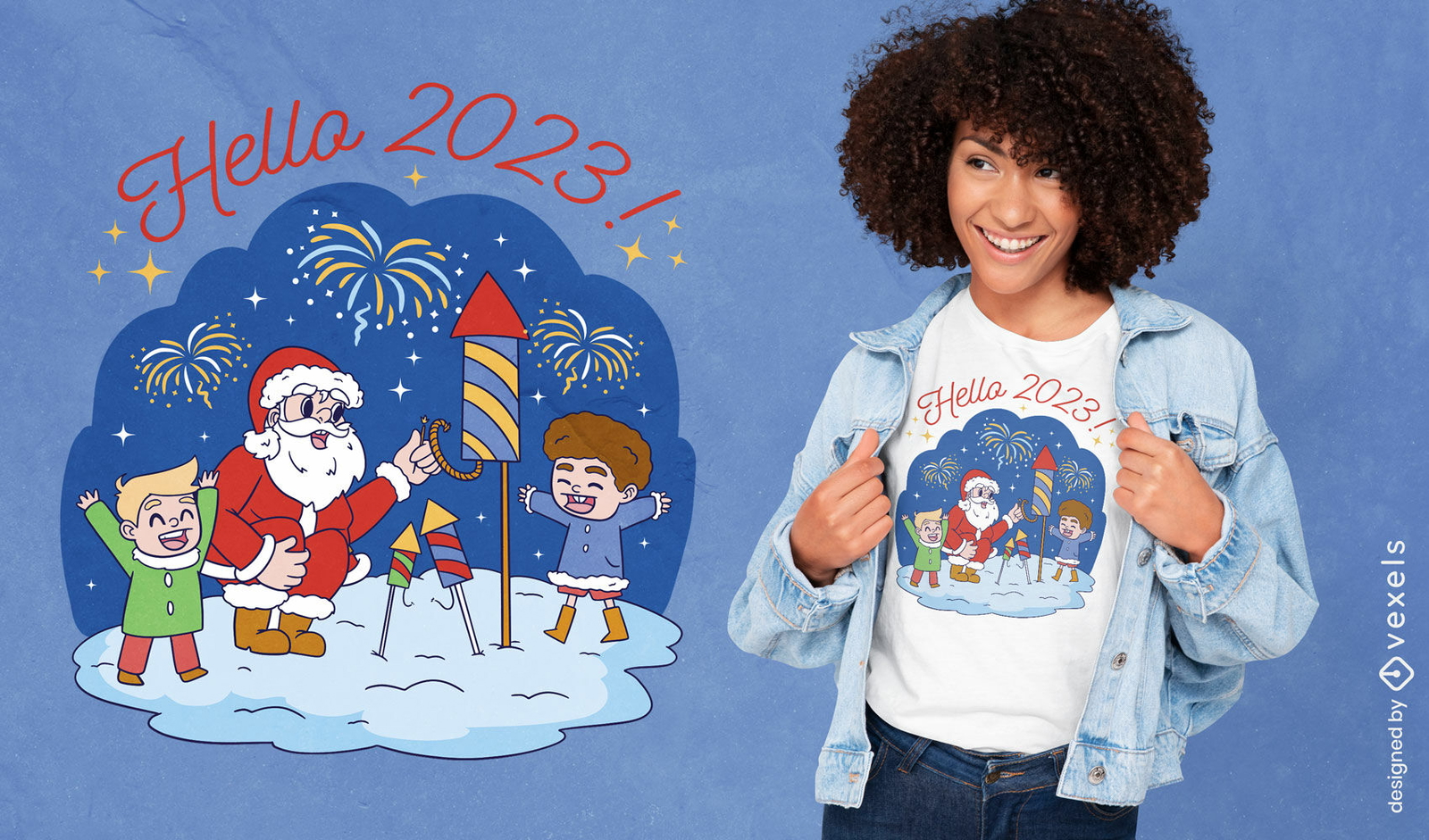 Diseño de camiseta de santa claus y fuegos artificiales.