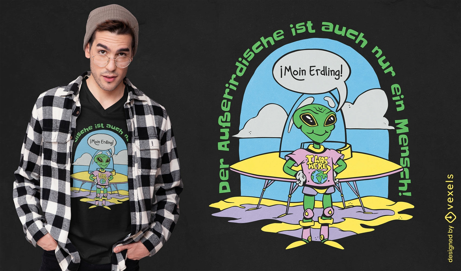 Außerirdischer Tourist auf Erdkarikatur-T-Shirt-Design