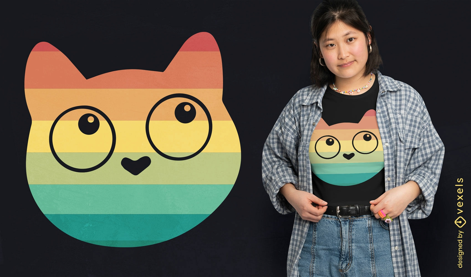 Design de camiseta de gato colorido retrô