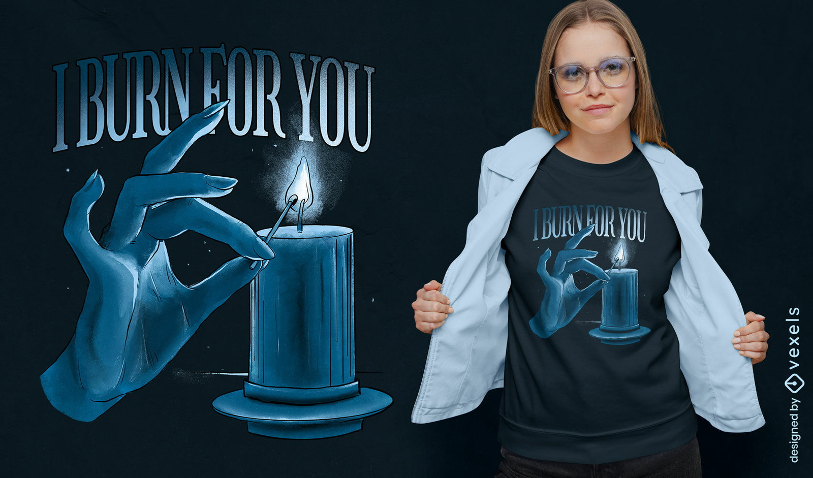 Camiseta azul mão e luz de velas psd