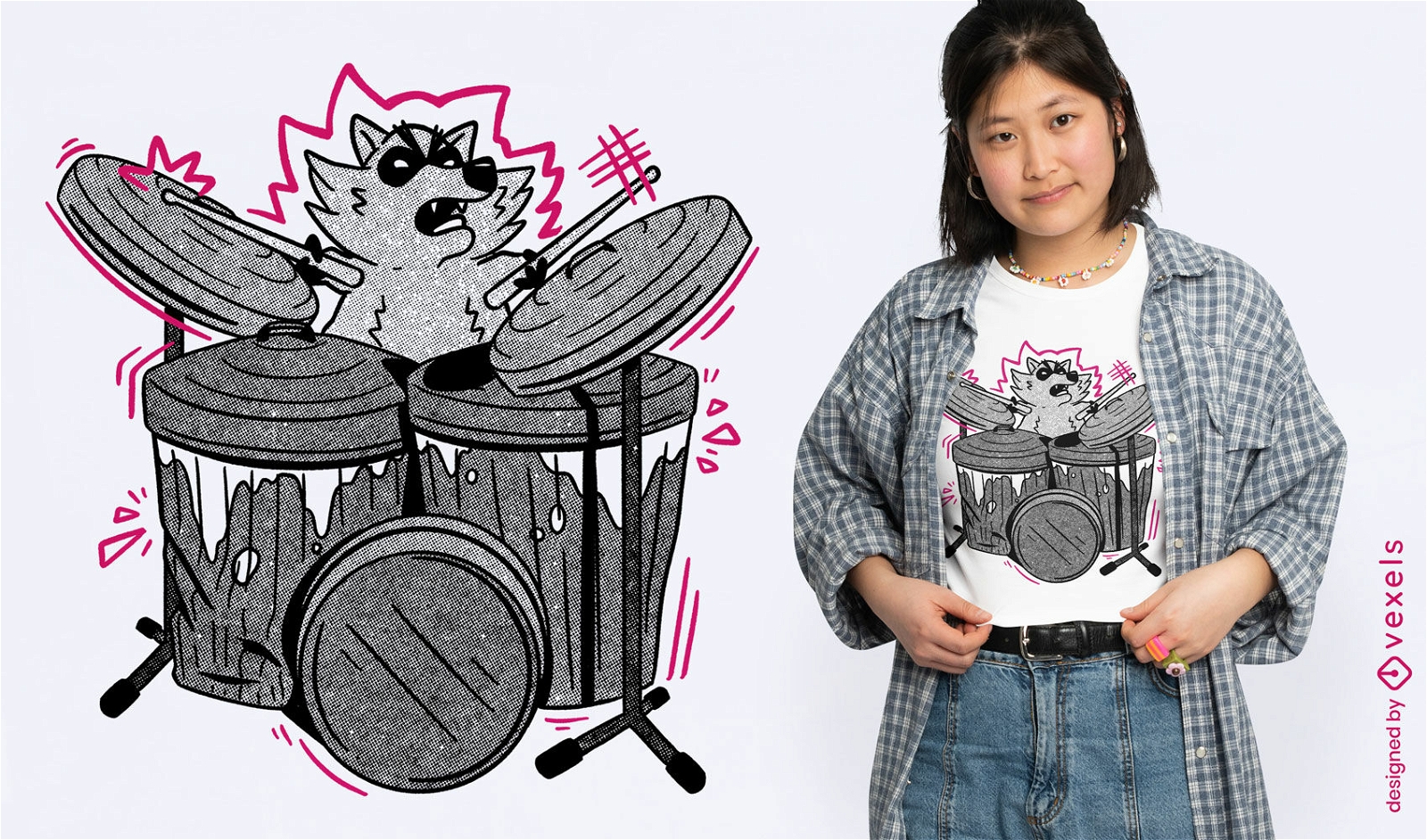 Design de camiseta de animal guaxinim tocando bateria
