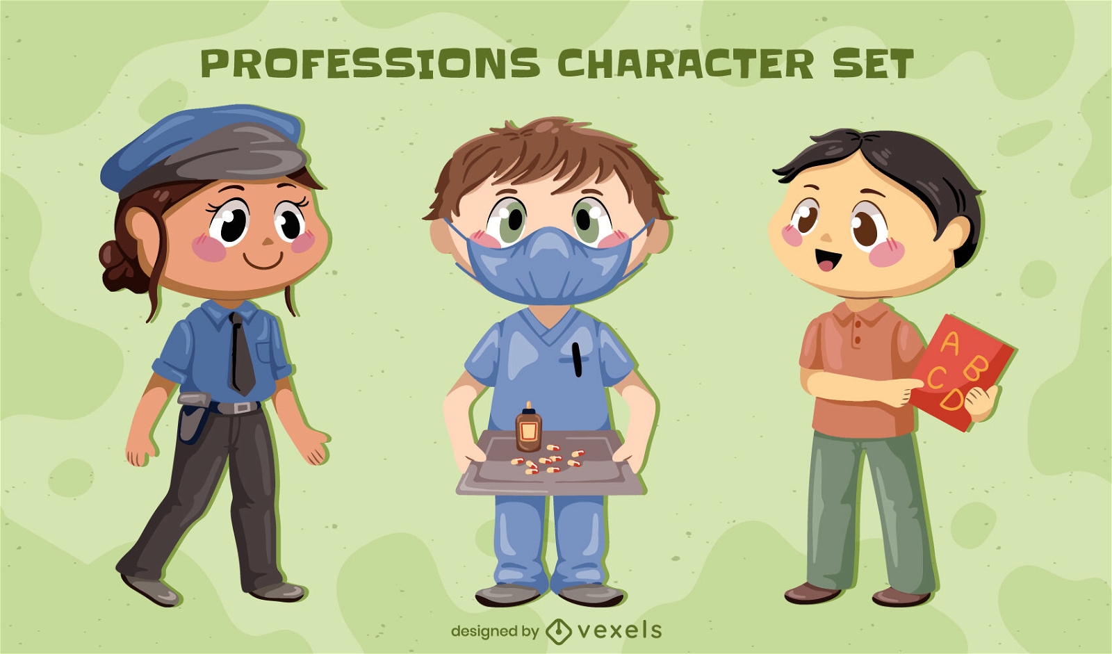 Conjunto de personajes chibi con trabajos profesionales.