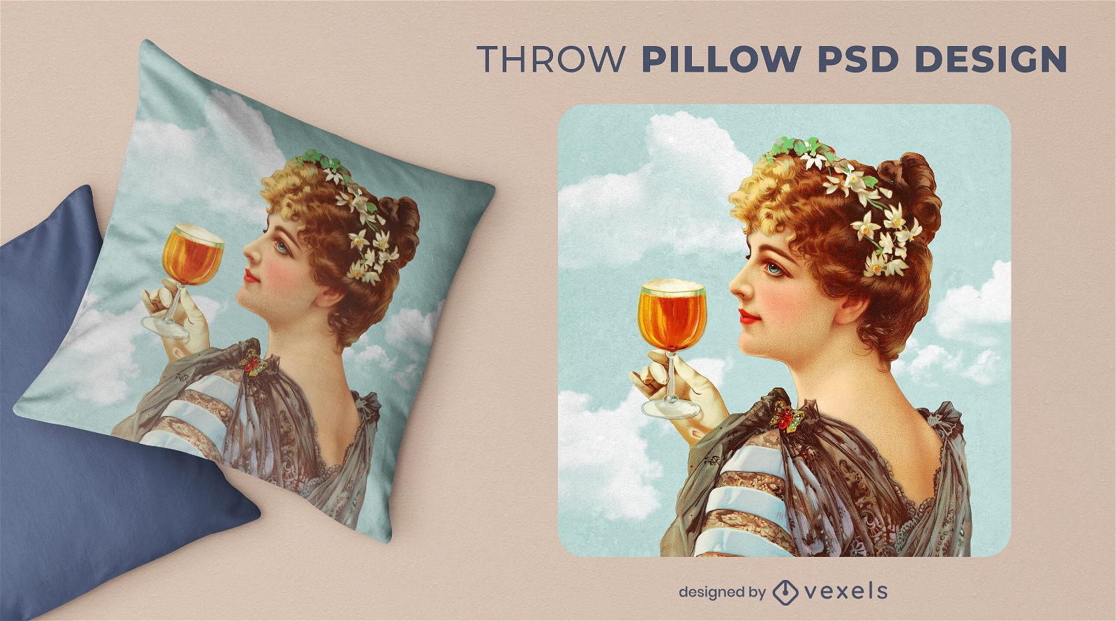Vintage medieval woman with beer throw pillow psd