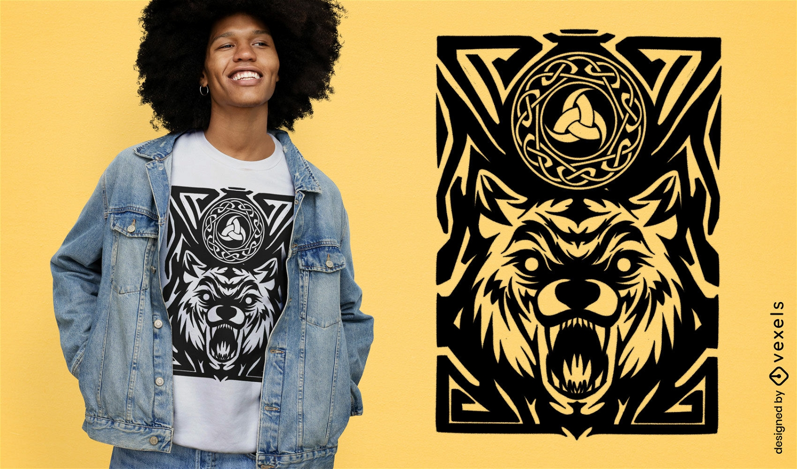 Diseño de camiseta con símbolo celta y animal lobo