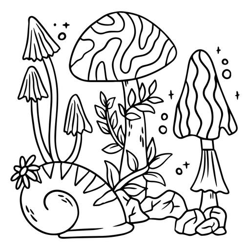 Ilustração caprichosa de cogumelo e caracol Desenho PNG