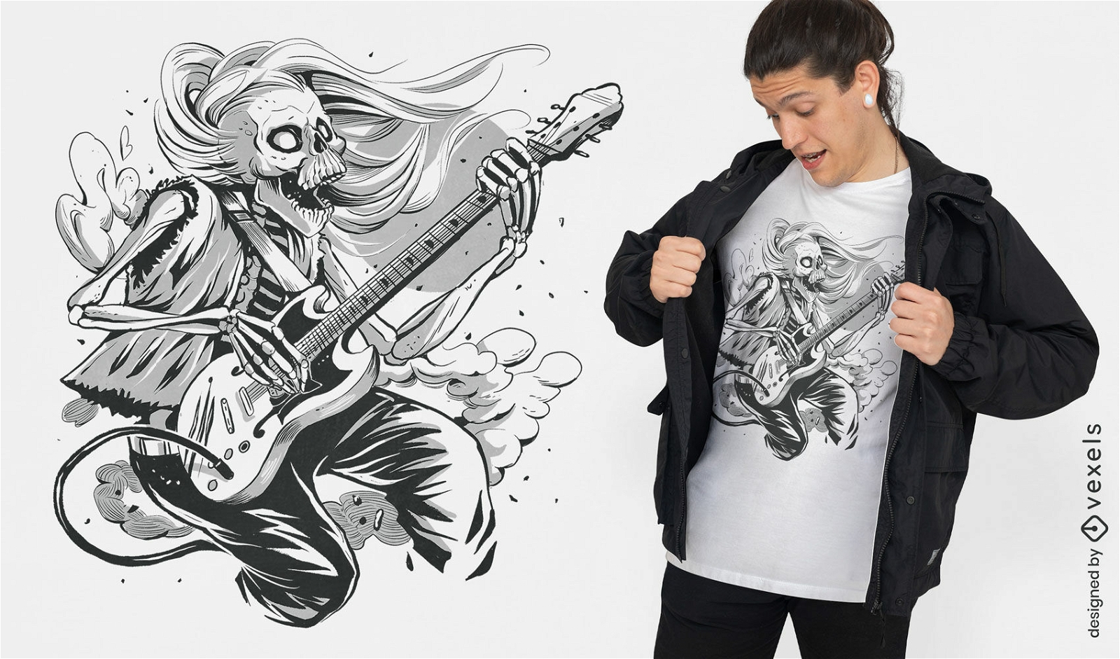 Diseño de camiseta de guitarrista esqueleto.