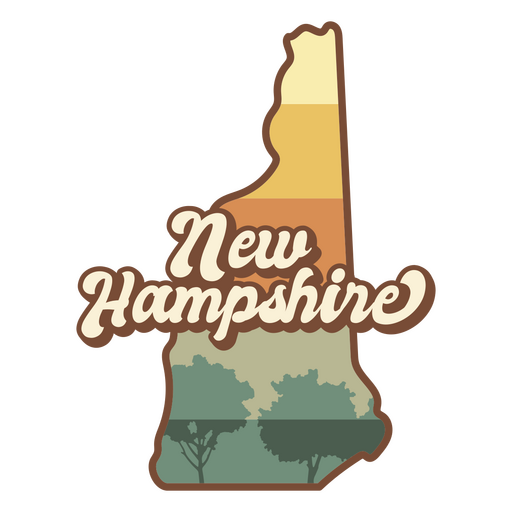 Pegatina de New Hampshire con árboles y las palabras New Hampshire. Diseño PNG