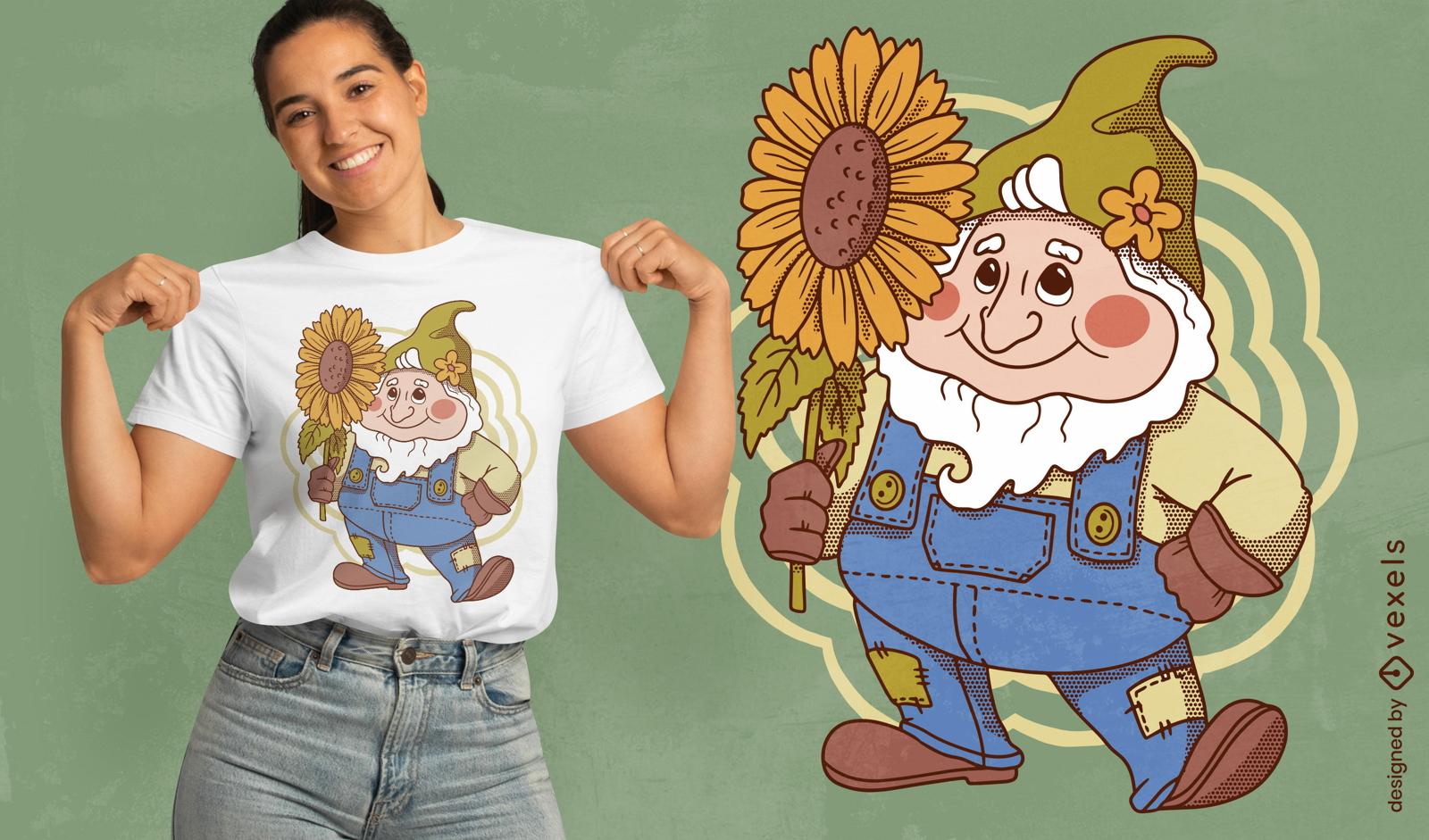 Gnomo bonito com um design de camiseta de flor