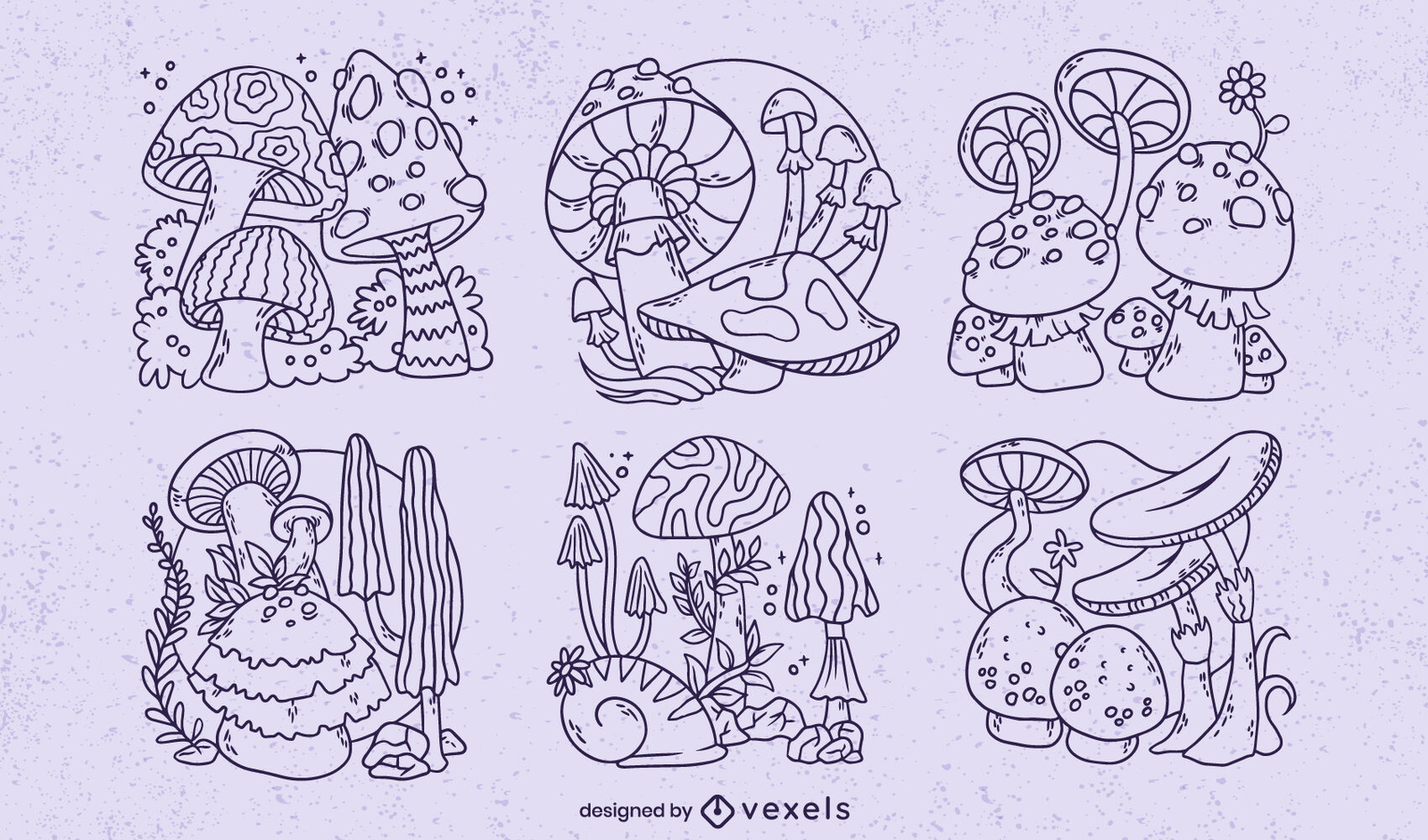 Conjunto de trazo de fantasía de bosque de hongos