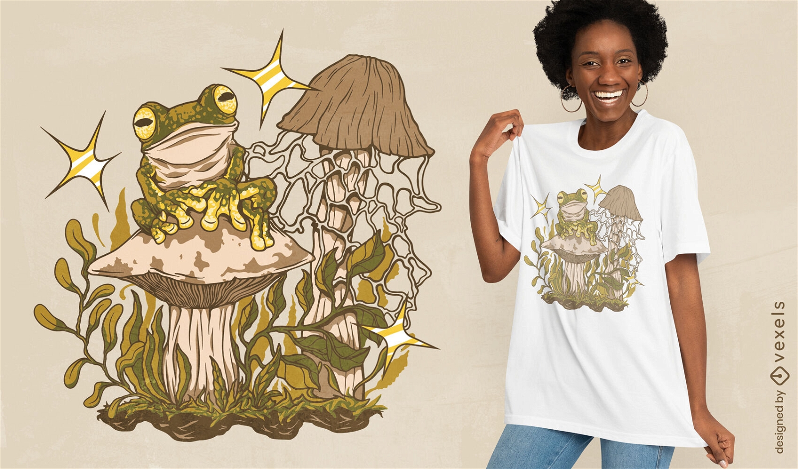 Design de camiseta de sapo e cogumelos