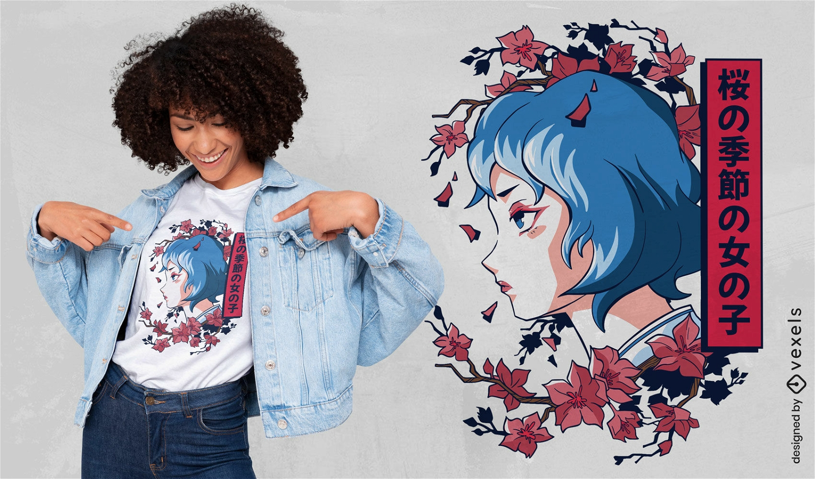 Diseño de camiseta de retrato floral de niña japonesa.
