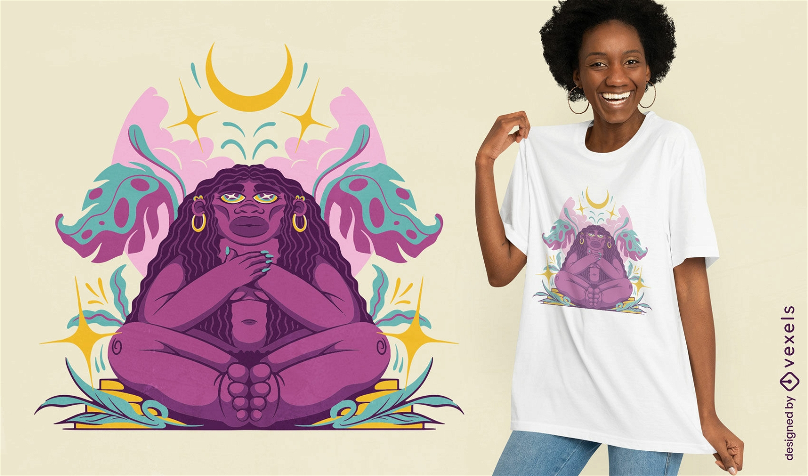 Mujer afro en el diseño de camiseta de la naturaleza.