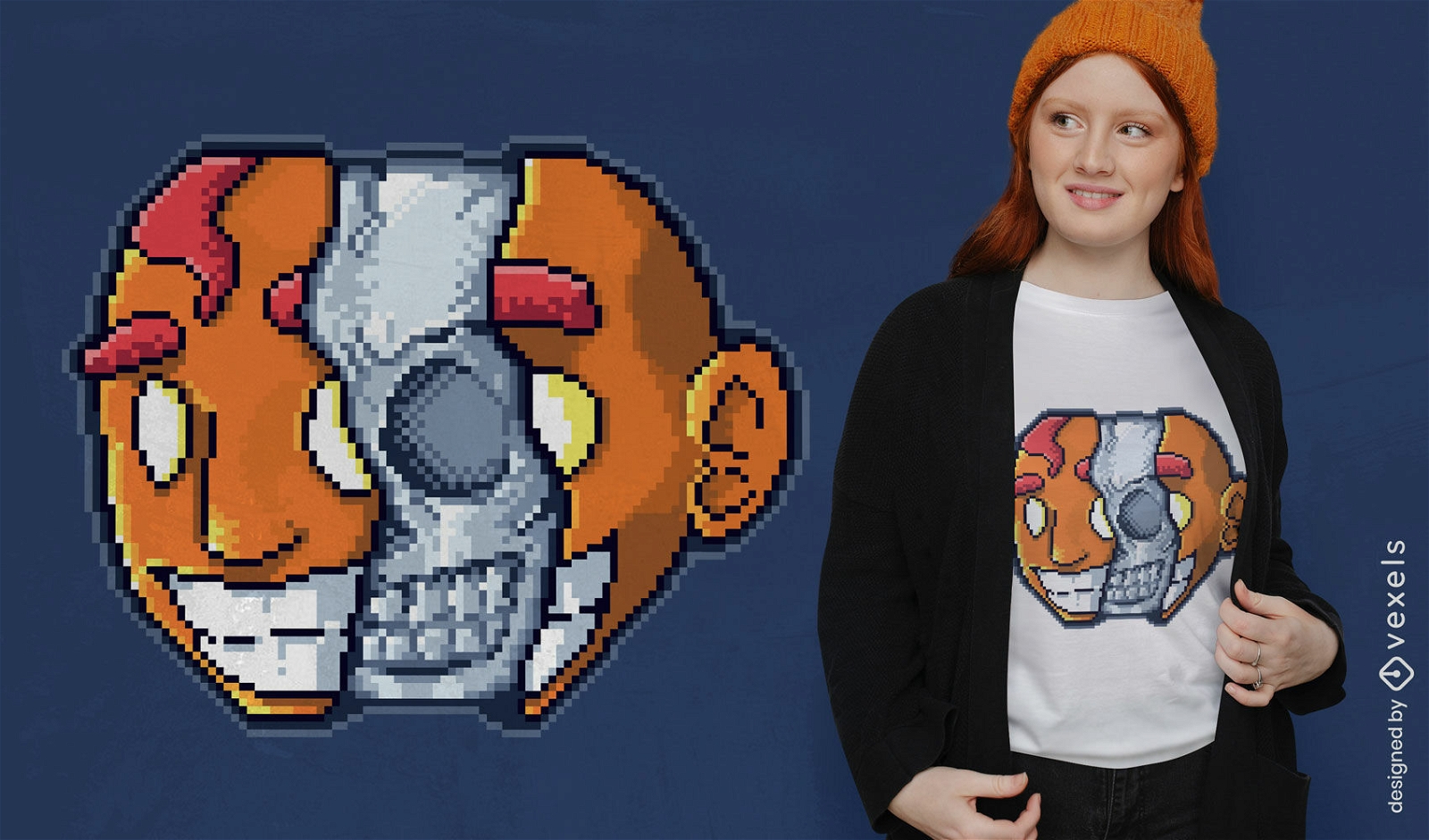 Design de camiseta de pixel de caveira de cabeça dividida