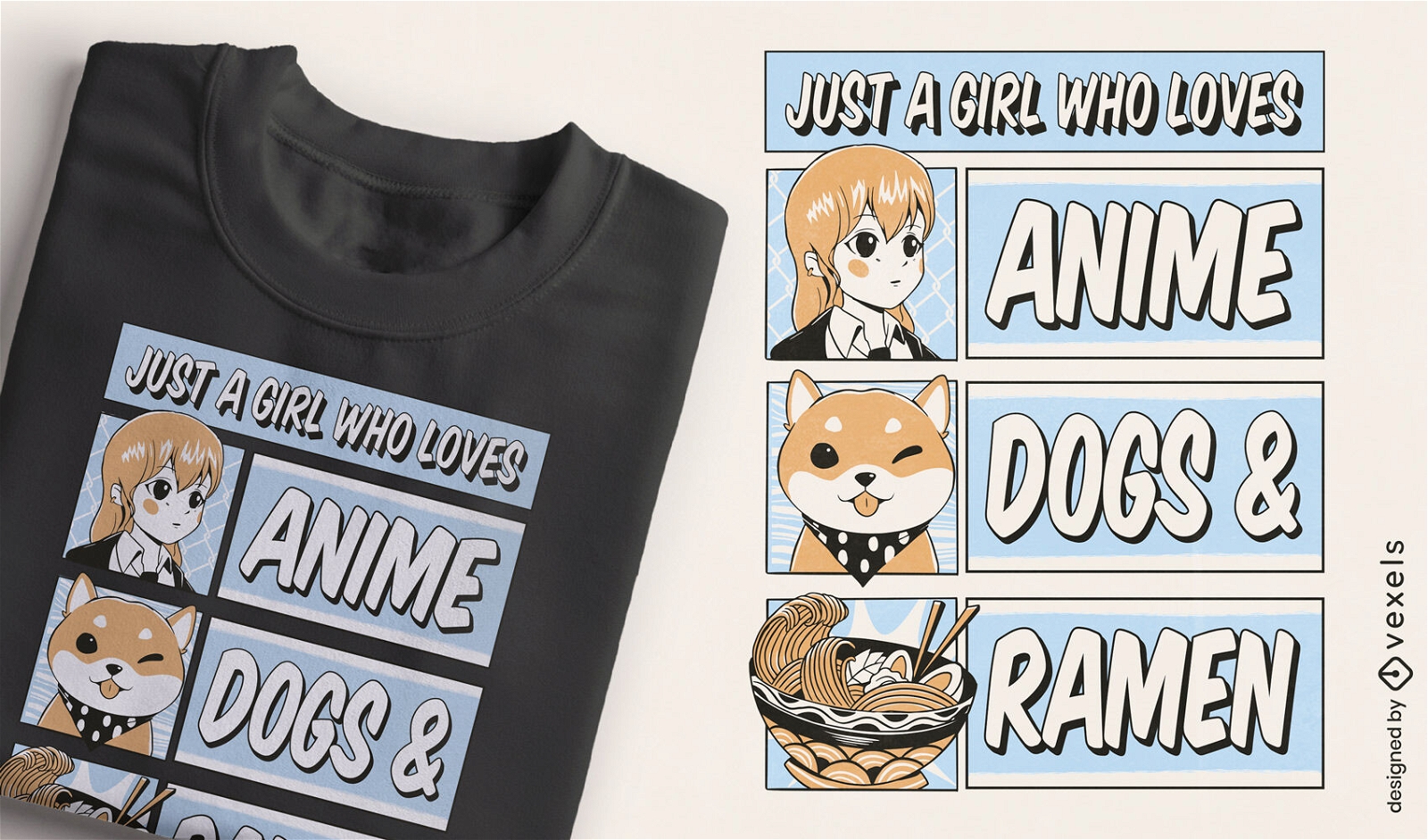 Diseño de camiseta de anime dogs y ramen.