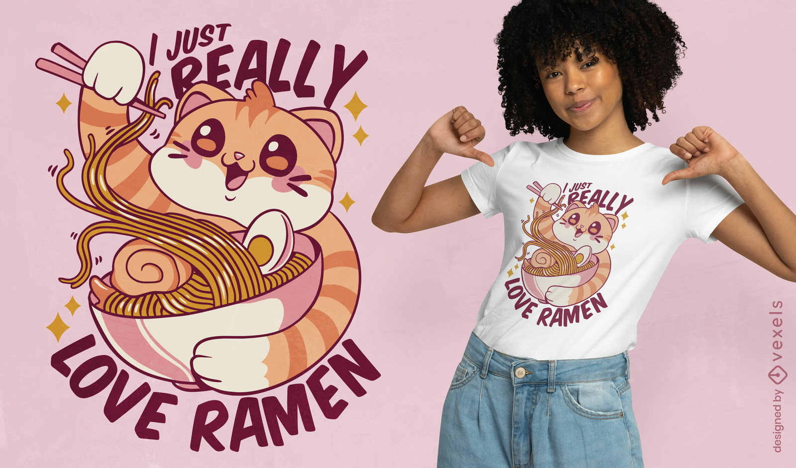 Diseño de camiseta de gato kawaii comiendo ramen