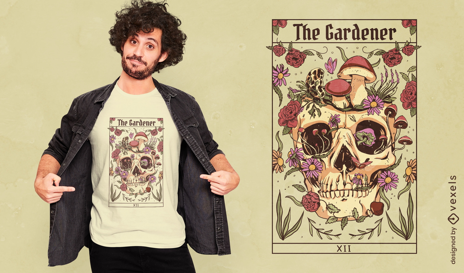 Diseño de camiseta de carro de tarot de calavera de jardinero