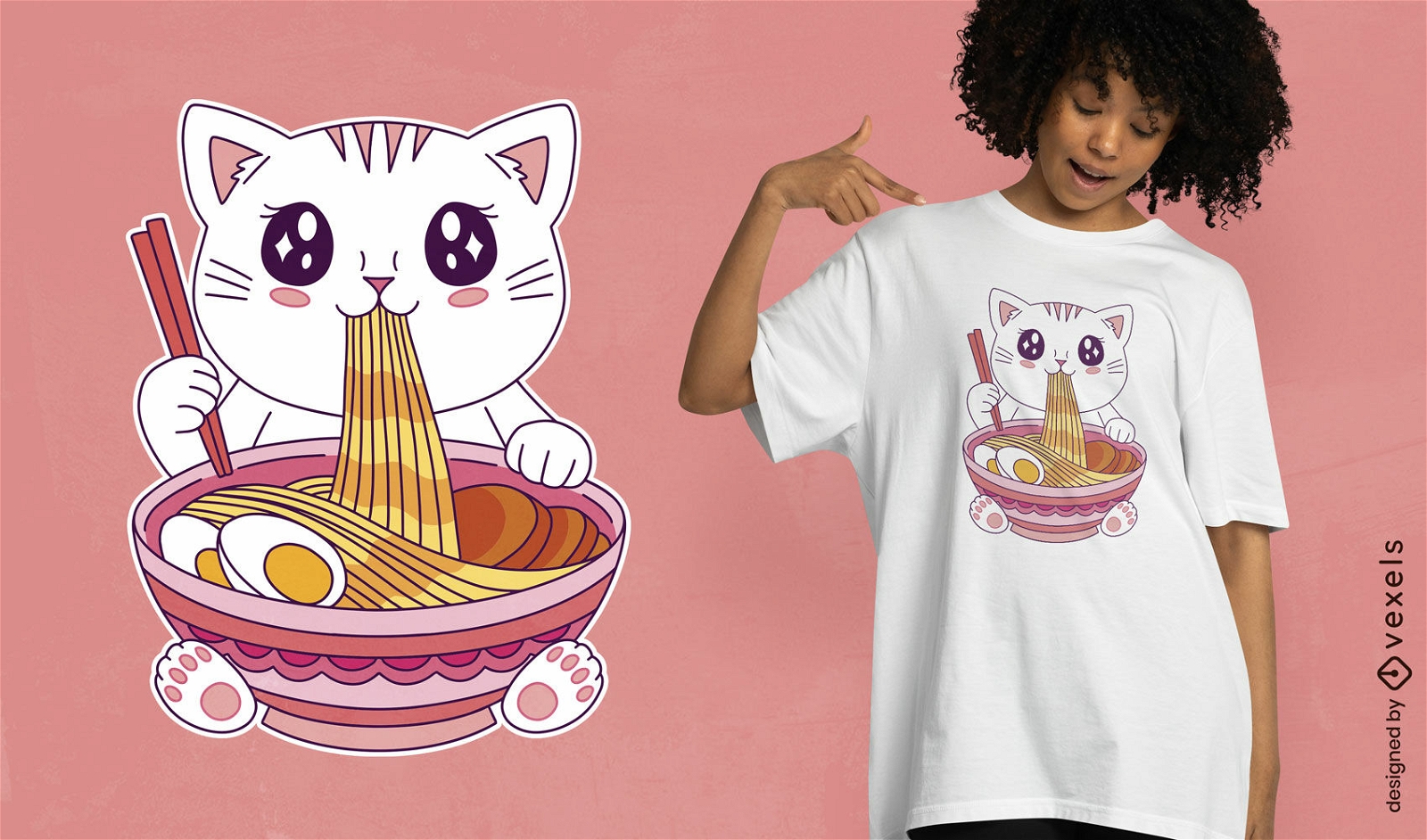 Design de camiseta ramen de gato Kawaii