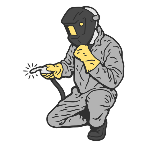 Soldador con casco y guantes amarillos. Diseño PNG