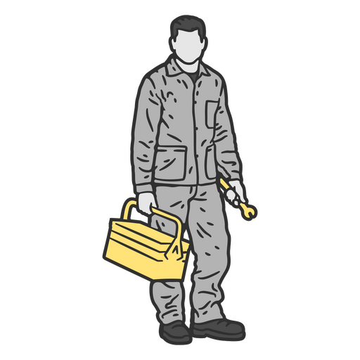 Hombre sujetando una caja de herramientas amarilla Diseño PNG