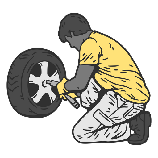 Homem ajoelhado trabalhando em um pneu Desenho PNG