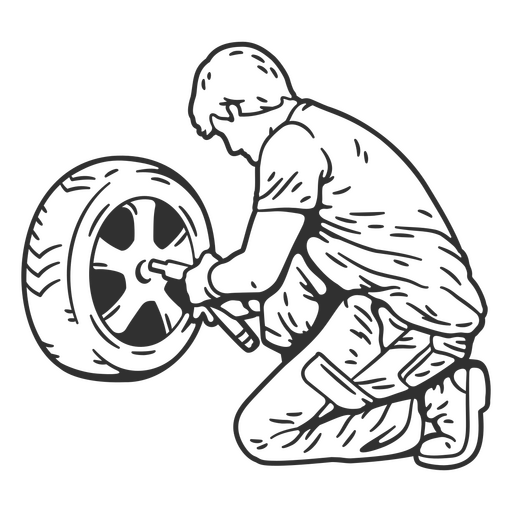 Black and white drawing of a man working on a tire PNG Design