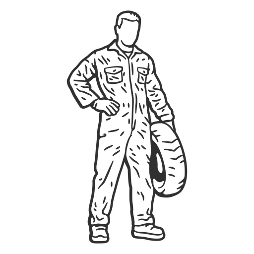 Black and white illustration of a man in overalls PNG Design