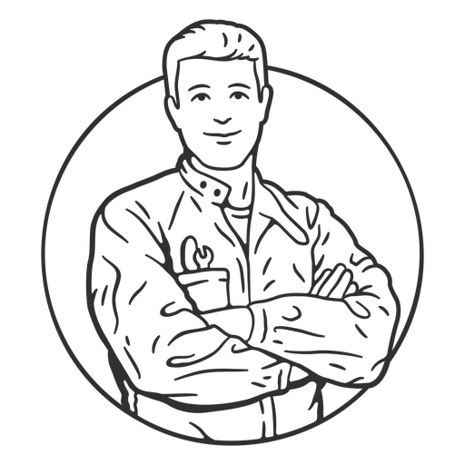 Black and white illustration of a man with his arms crossed PNG Design