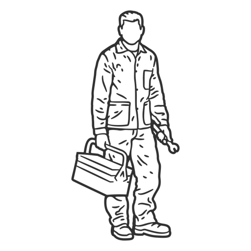 Dibujo en blanco y negro de un hombre sosteniendo una caja de herramientas Diseño PNG